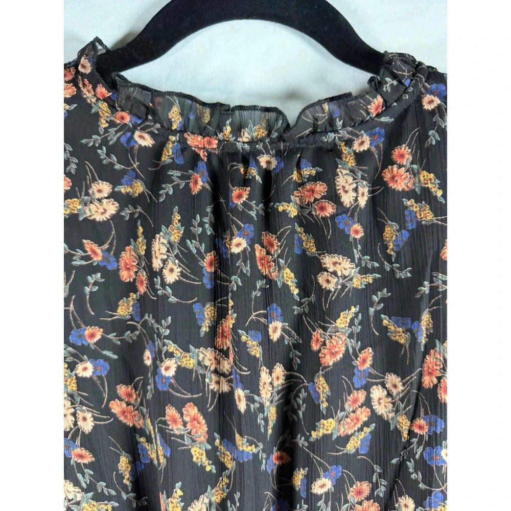 Dress Forum Floral Midi Dress Black Pink Blue Smocked Waist Ruffle sz S wedding‎